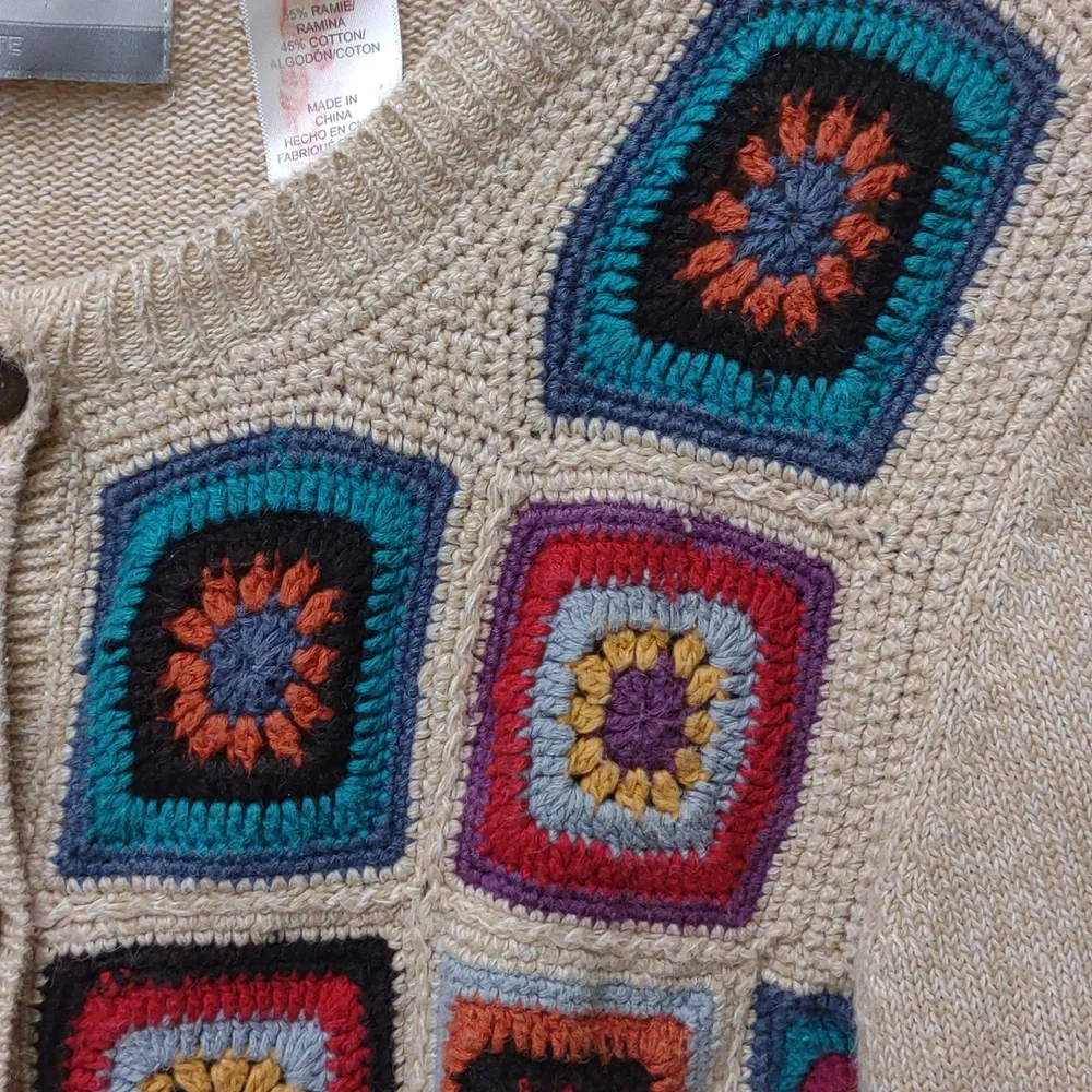 Alfred Dunner Vintage Crochet Granny Square Beige Ramie Cotton Knit Cardigan PXL - Picture 9 of 16